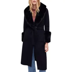 Hot Sale π₯ Maje Galaxyra Faux Fur Trim Fuzzy π§₯ Coat Navy π