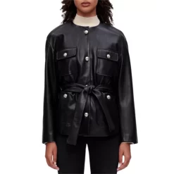 Cheap 🔥 Maje Leather Embossed Button Belted Jacket Black ⭐