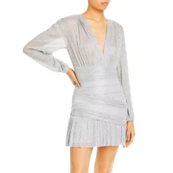 Outlet 😍 Maje Semi Sheer Ruched Mini 👗 Dress - 150th Anniversary Exclusive Silver 🔔 -Women's dress Shop unnamed file 453