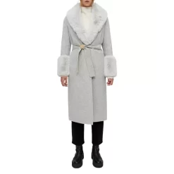 Cheap 😀 Maje Galaxyru Faux Fur Trim 🧥 Coat Gray Beige 🎁
