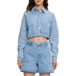 Wholesale 🎉 Maje Bedrio Studded Denim Crop Jacket Blue 🤩