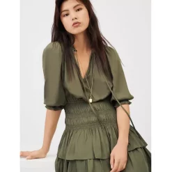 New 🎉 Maje Radji Smocked Mini 👗 Dress Khaki 🛒 -Women's dress Shop unnamed file 899